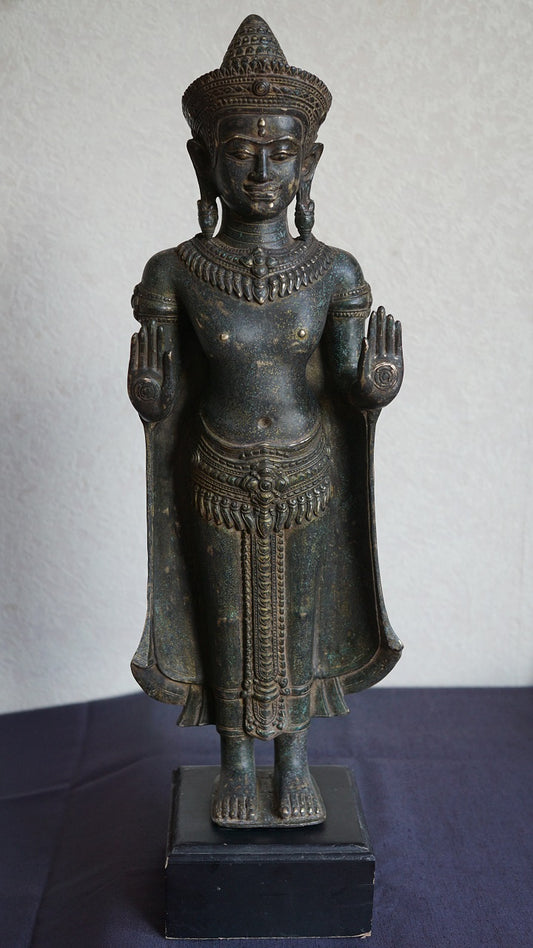 Antique Bronze Standing Lopburi Buddha. Khmer Influence. 19/20th Century