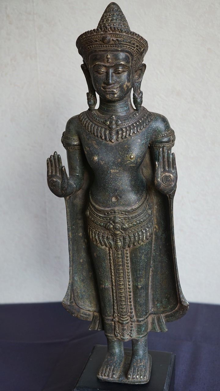 Antique Bronze Standing Lopburi Buddha. Khmer Influence. 19/20th Century