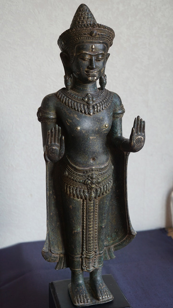 Antique Bronze Standing Lopburi Buddha. Khmer Influence. 19/20th Century