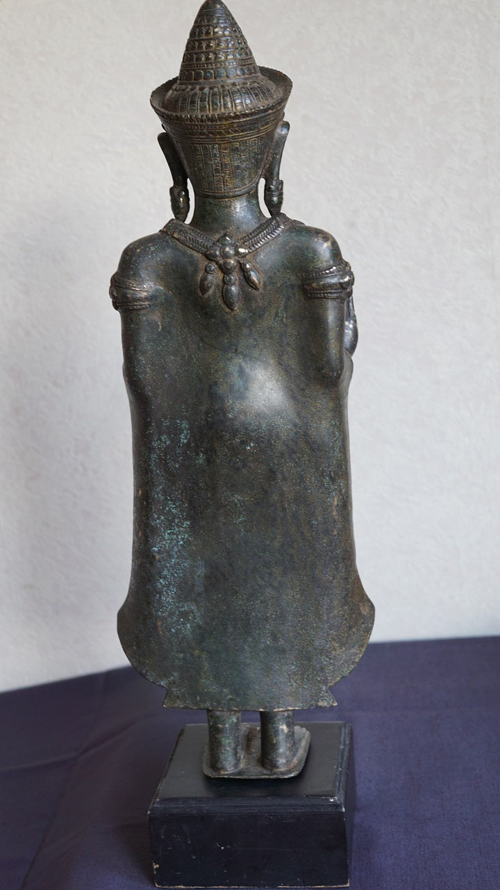 Antique Bronze Standing Lopburi Buddha. Khmer Influence. 19/20th Century