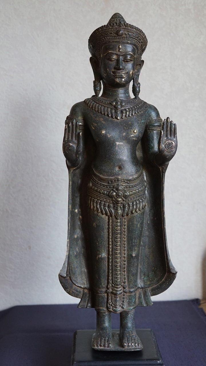 Antique Bronze Standing Lopburi Buddha. Khmer Influence. 19/20th Century